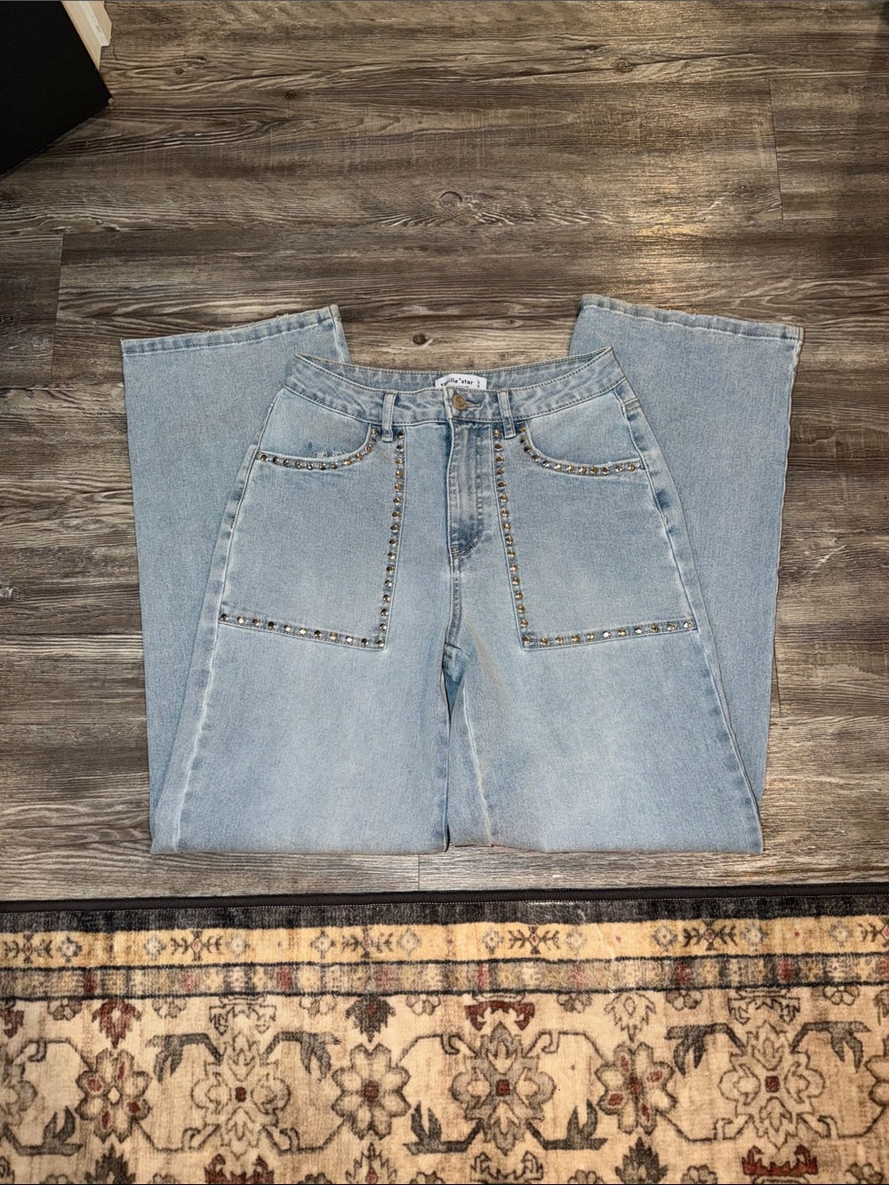 Vanilla Star Light Blue Studded Straight Leg Jeans